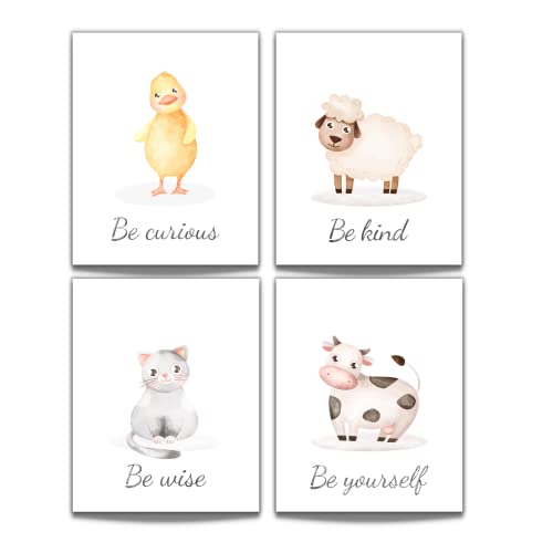 Iam Guru Kid Nursery Wall Decor, Farm Animals Nursery Wall Art, Set of 4 Prints 8X10’’ (unframed), Cat, Sheep, Cow, Duck | Inspirational Baby Nursery Watercolor Decor, Farm Nursery Decor, Baby Animal Art