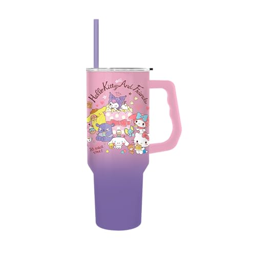 Image of Silver Buffalo Sanrio Hello Kitty and Friends Stainless Steel Tumbler with Handle Featuring Baku, Hello Kitty, Pompompurin, My Melody, Cinnamoroll, and Kuromi, 40 Ounces