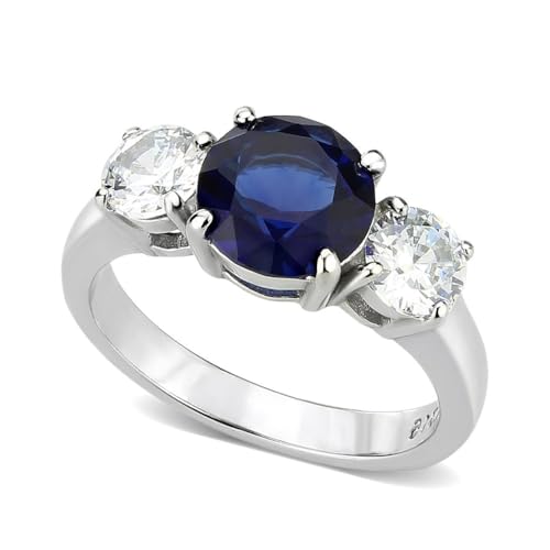 3-Stone Round Brilliant Simulated Blue Sapphire & White Cubic Zirconia CZ Engagement Ring, Hypoallergenic 316L Stainless Steel