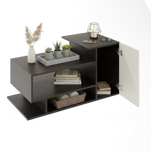 Image of FURNEASER Hanoi Modern Engineered Wood Coffee Table with Door & Storage Shelves | Center Table for Living Room & Sofa Area | Multi Level Open Rack Design | DIY Furniture (Wenge & White)