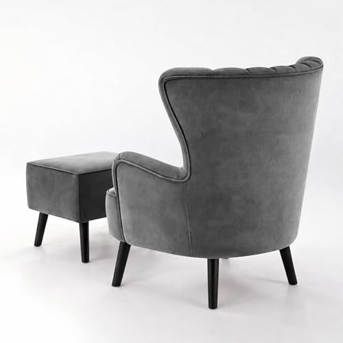 Image of Rosebell Velvet Accent Chair with Ottoman - Modern Upholstered Lounge Chair with High Back, Tufted Design & Comfortable Reading Chair for Living Room, Bedroom, Office-Grey