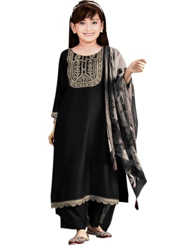 Image of Girls Ethnic Outfit | Embroidered Silk Girls Salwar Suit | Kurta Pant and Jacquard Dupatta Set