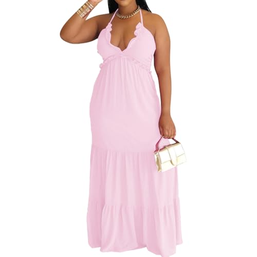 Image of TOPSRANI Womens Sleeveless Maxi Dress Halter Casual Backless Smocked Tiered Ruffle Flowy Sexy Slip Sling Strap Dresses
