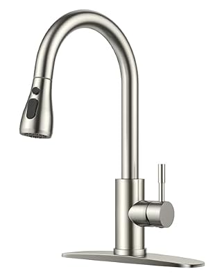 FORIOUS Kitchen Faucets with Pull Down Sprayer, Brushed Nickel High Arc Single Handle Stainless Steel Sink Faucet with Deck Plate for 1 or 3 Hole, Suitable for Farmhouse RV Bar Camper Laundry