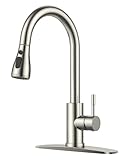 FORIOUS Kitchen Faucets with Pull Down Sprayer, Brushed Nickel High Arc Single Handle Stainless Steel Sink Faucet with Deck Plate for 1 or 3 Hole, Suitable for Farmhouse RV Bar Camper Laundry
