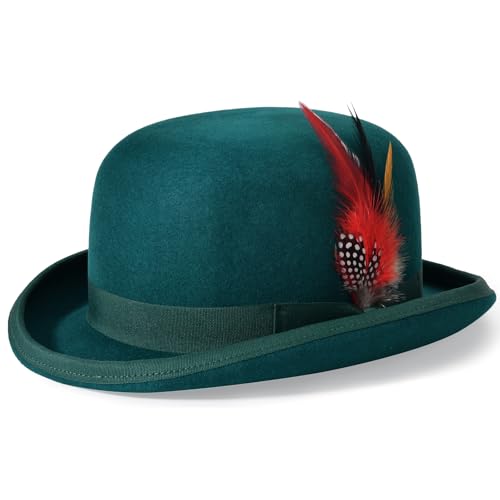 Mens Bowler Hat 100% Wool Black Womens Derby Hats with Feather Costume Hats Short Brim Felt Fedora Hat Dress Up (US Numeric 7 1/8 Green)