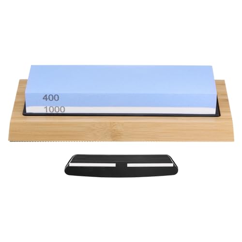 sourcing map 3pcs Knife Sharpening Stone Set 400/1000 Grit Knife Sharpening Stone with Bamboo Base Angle Guide Sharpener Whetstone for Knives Scissors Kitchen, Blue/White
