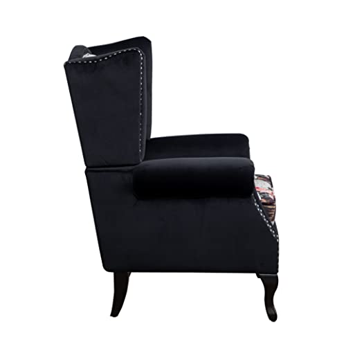 Winged Velvet Floral Accent Chair, Button Tufted Armchair, Wingback Club Chair, Living Room Chair, Comfy Reading Chair, Comfy Upholstered For Reading Living Room Bedroom Office(Flower+Black) #TOP3