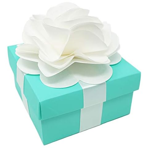 Premium Favor Gift Box for Wedding, Bridal Shower, Birthday and All Events, 3.75" L x 3.75" W x 2" H Size, 10 Count Per Pack (1-Pack, Robin Egg Blue) - Includes White Satin Ribbons & Paper Flower for Each Box Cover