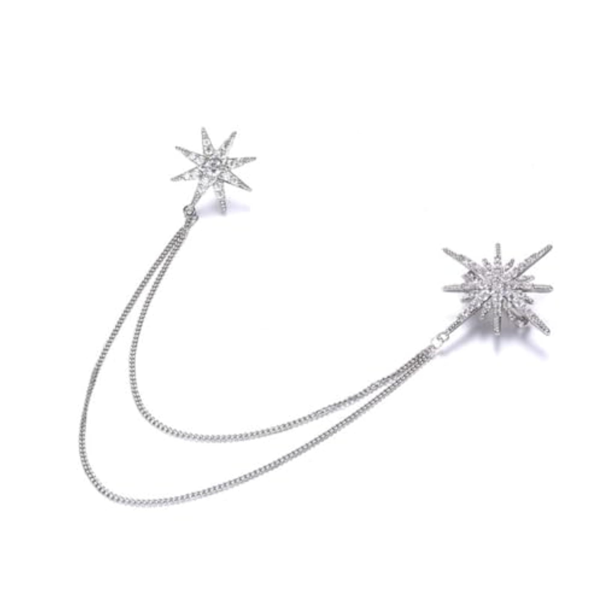 Cubic Zirconia Star Double Chain Pin Brooch for Men, Stylish Gift