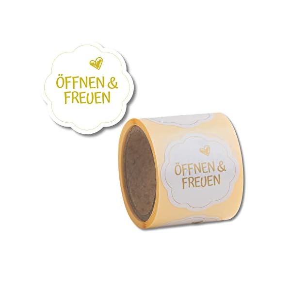 Geschenkaufkleber Öffnen und Freuen 100 Stück d40mm - blumenförmige Etiketten auf Rolle, Weiß/Gold