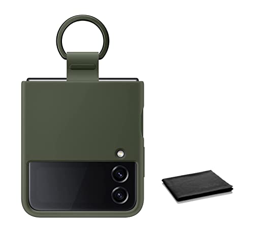 SAMSUNG Galaxy Z Flip4 Silicone Cover with Ring, Protective Z Flip 4 Phone Case with Phone Ring, Matte Finish, Handheld Design, US Version, Green with Cleaning Cloth for Samsung Z Flip 4