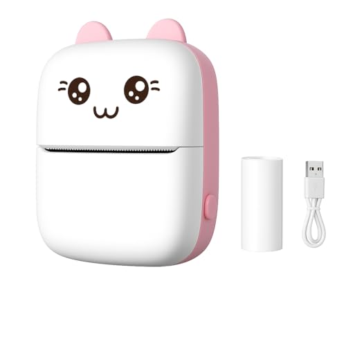 Image of MANSAA Mini Thermal Printer, Portable Bluetooth Pocket Printer for Android & iOS, Cute Cat Inkless Thermal Printer, USB Rechargeable Sticker & Label Printer for Notes, Study & Photos (White Pink)