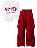 OLMRJKD Girls Clothes Letter Print Short Sleeve Top & Cargo Pants 2PCS Girls Clothing 7-16 Years Size 11 12