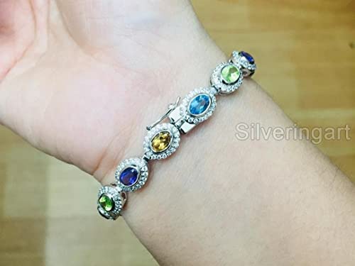 Multi Color Bracelet, 925 Sterling Silver Bracelet, Natural Multi Gems, Cz Bracelet, Womens Bracelet, Handmade Bracelet, Natural Amethyst Peridot Citrine Topaz, Chakra Bangle, Christmas, Thanksgiving #TOP3