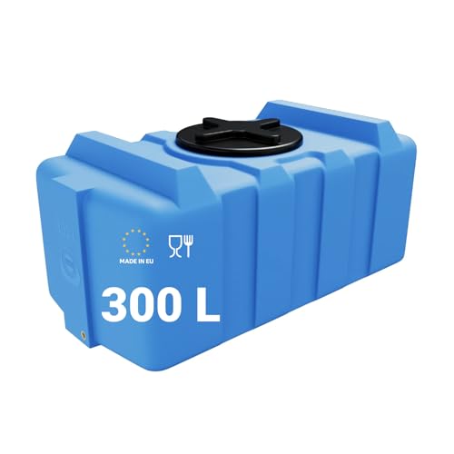 KMND Trinkwassertank 300 Liter Gross - Weithalsfass Fass Tonne Wasser Regentonne eckig - Extrem Robust Vorrat für Garten Landwirtschaft Behälter - PE-HD Kunststoff lebensmittelecht - Blau