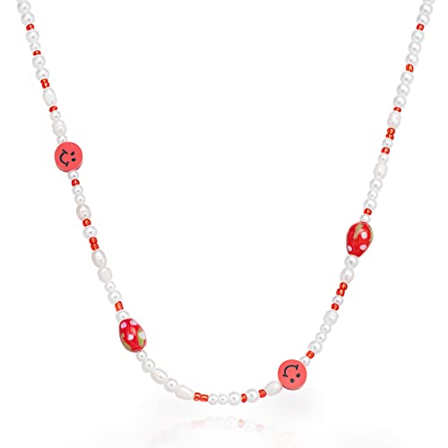 KCS Dainty Gold Pearl Choker Necklace 18K Gold Plated Strawberry Smiley Pearl Chain Necklace Handmade Y2K Necklace Irregular Pearls Beaded Necklaces for Women Simple Minimalist Gift