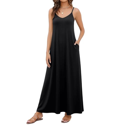 Robe maxi caraco à bretelles pour femme, col en V, robe de plage longue avec poches, robe d'été fluide et ample vintage Y2K, noir, Taille S