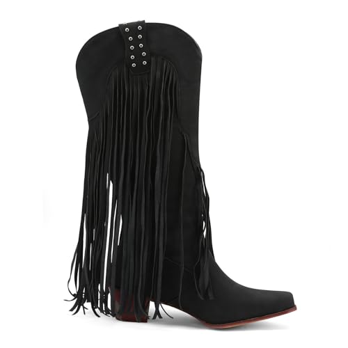 Image of KiutSymo Mid Calf Fringe Boots For Women Cowboy Pointed Toe Chunky Heels Cowgirl Western Tassel Boots