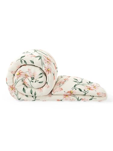 Image of DECOMIZER Super Soft Glace Cotton King Size AC Comforter II Blanket II Duvet for Double Bed with 1 Flat Bedsheet and 2 Pillow Cover - 4 Piece Comforter Set - Cream Floral-300 TC