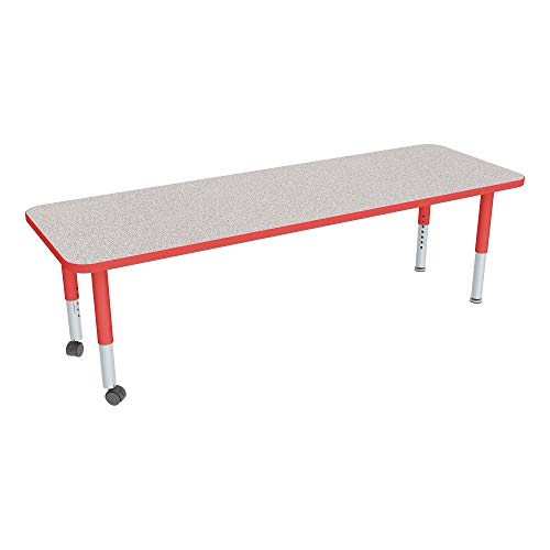 Image of Sprogs Adjustable Height Mobile Classroom Activity Table for Preschools, Rectangle Preschool Activity Table with Casters, 24 inchD x 60 inchW x 23 inchH, Gray /Red