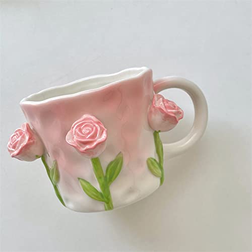 DECRZPB Ceramic Coffee Mug Pink Roses Tea Cup Pottery 3D Coffee Cup Mug Gift for Office and Home