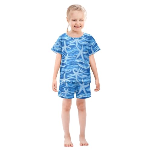 ALAZA Blue Starfish Cartoon Pajamas Set Short Sleeve Cotton Sleepwear Summer Pjs 2 Piece 5-14Y3