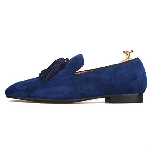FERUCCI Men Navy Suede Slippers Loafers Flat with Big Navy Tassel4