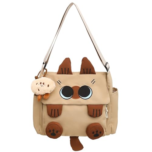 Cute Siamese Cat Messenger Bag for Women Crossbody Large Capacity Canvas Purse Daypack Korean Cartoon Square Bag (Khaki)
