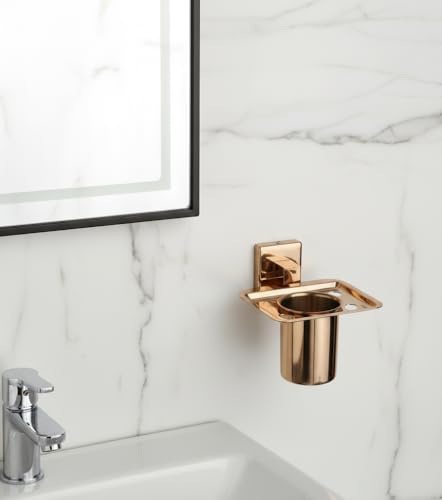 Image of EASYHOME FURNISH Premium 304 Stainless Steel Toothbrush Holder with Tumbler Cup - Wall Mounted Bathroom Organizer Stand for Toothpaste & Brushes, Rustproof Rose Gold PVD Mirror Finish (Square-26RG)