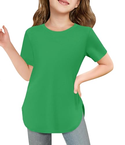 Image of Haloumoning Girls Summer Short Sleeve Shirt Kids Crewneck Curve Hem Soft Tunic Tops T-Shirts 5-14 Years