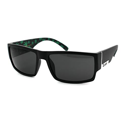 Locs Marijuana Pot Leaf Print Rectangular Mad Dog Sunglasses Matte Black Green