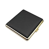 SEADEAR Classic Leather Metal Cigarette Case,Double Sided Spring Clip Open Pocket Cigarette Case Cigarette Herbal Tobacco Carrying Stash Storage Case Hold for 20 Cigarettes Black Gold