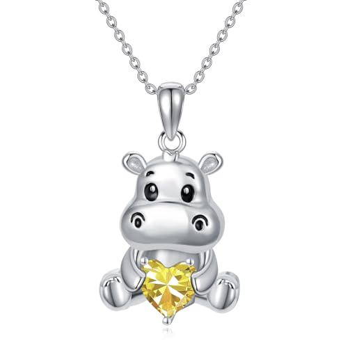Image of PROESS Animal Birthstone Necklace 925 Sterling Silver Otter /Axolotl /Hippo /Elephant /Dachshund /Monkey /Red Panda Pendant Necklace Animal Birthstone Jewelry Gifts for Women