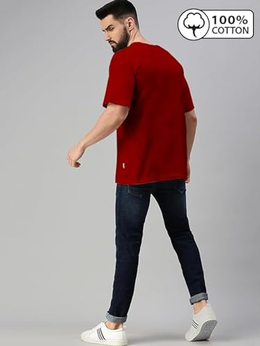 Image of Veirdo Oversized Baggy Fit Drop Shoulder Half Sleeves Round Neck Solid Pure 100% Cotton T-Shirt for Men (Available in White, Black, Mustard, Maroon, Green, Lilac, Navy, Red Color)