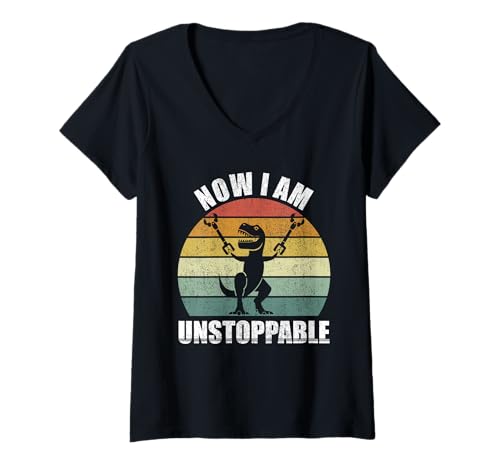 Mujer Camiseta retro Now I Am Unstoppable Funny T-Rex Regalos Vintage Camiseta Cuello V