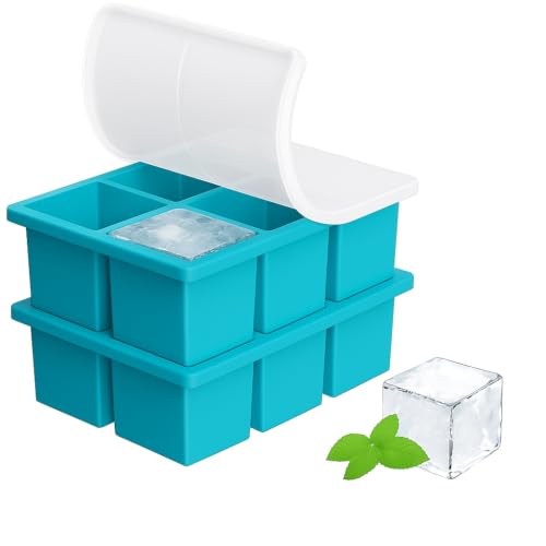 Image of Large Ice Cube Tray for Whiskey: Silicone Ice Cube Trays with Lid - 2Pack Big Square Old Fashioned Ice Cube Maker for Cocktail - 2inch Huge Cubed Ice Trays (Sky Blue)