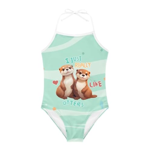 Otter Cartoon Print Girls Swimsuit One Piece Halter Quick Dry Comfort Cute Bathing Suit for Little Girls