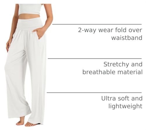 Image of ODODOS Women's Wide Leg Palazzo Lounge Pants with Pockets Light Weight Loose Comfy Casual Pajama Pants-28 inseam, Off White, Large