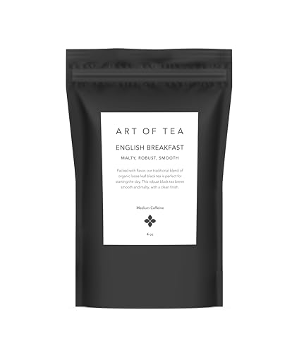 Art of Tea Organic English Breakfast Loose Leaf Black Tea, 4oz Refill Bag, Premium Whole Leaf Breakfast Tea, Smooth &amp; Malty full bodied Black Tea, Strong Morning Tea for Hot Tea &amp; Milk Tea