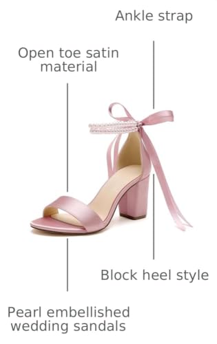 Image of Women's Open Toe Pearl Wedding Shoes for Bride High Heels Sandals Satin Bridal Block Chunky Heels Ankle Strap Prom Evening Party Pumps