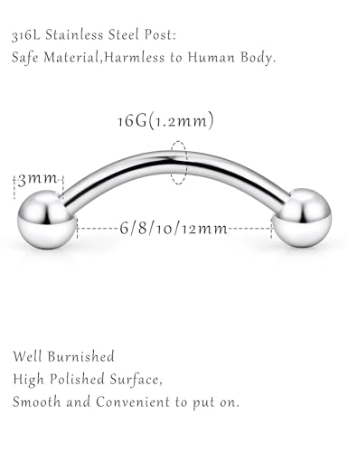 Eyebrow Piercing Jewelry Surgical Steel Vertical Labret Lip Jewelry Curved Barbell Tiny Eyebrow Rings Ear Rook Navel Small Belly Button Ring for Women Men 20g 16g 6mm/8mm/10mm/12mm2