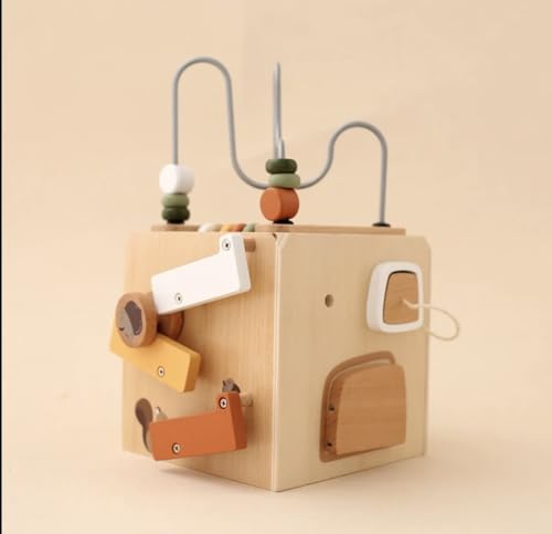 Image of Wooden Activity Cube, Bead Maze, Gears, Shapes, Rabbit Figure, 10 x 10 x 10 inches
