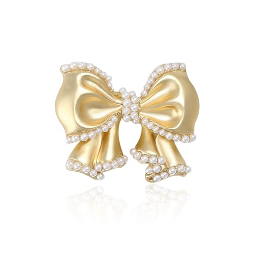 Image of Cute Pearl Bow Knot Lapel Brooch Pin for Women Girls 14K Gold Plated Ribbon Bowknot Brooches Pins Elegant for Sweater Hat Dresses Suit Badges Clothes Accessories Jewelry