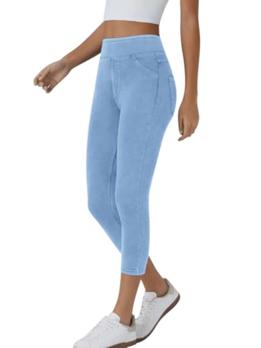 Minetom Leggings Damen 3/4 Skinny Jeans High Waist Jogginghose 7/8 Denim Jeggings Stretch Hose Mit Taschen Pants Fitnesshose Yogahose Streetwear A Hellblau M