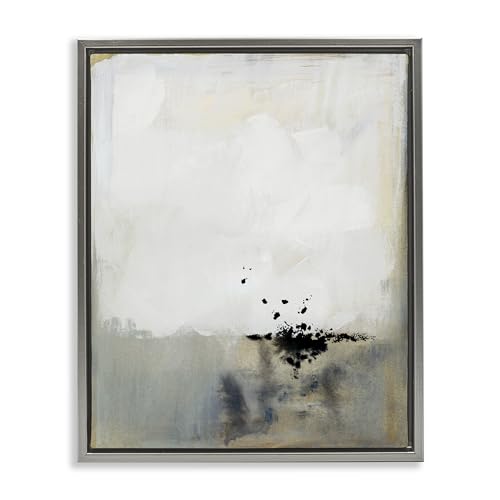 'Neutral Beige Abstract Painting Black Ink'| Floating Frame Canvas Art