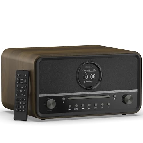KEiiD Compact Radio CD Player with Speakers for Home, Retro Look Art-Deco Bluetooth Stereo Shelf System, LED Display with Dual Alarm Clocks, USB Playback, AUX, Headphone Output