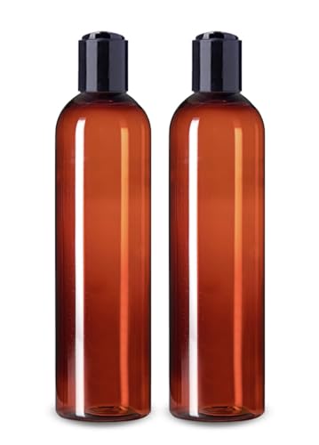 ljdeals 8 oz Amber Plastic Empty Bottles with Black Disc Top Caps, Refillable Containers for Shampoo, Lotions, Cream and More Pack of 2, BPA Free, Made in USA
