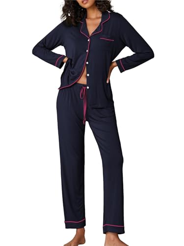 Ekouaer Pigiama Donna Set Pigiama a Due Pezzi Abbigliamento da Notte Sleepwear Completo Casa per Donne Blu Navy S