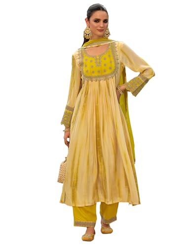 Image of INDO ERA Women's Silk Crepe Floral Embroidered A-Line Kurta & Pant with Dupatta Set (IEOUT161)